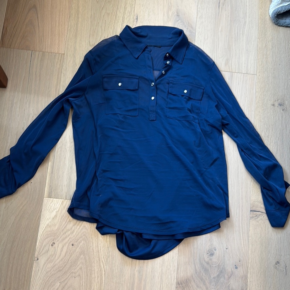 Navy Blue Button Down Shirt with Stand-Up Collar